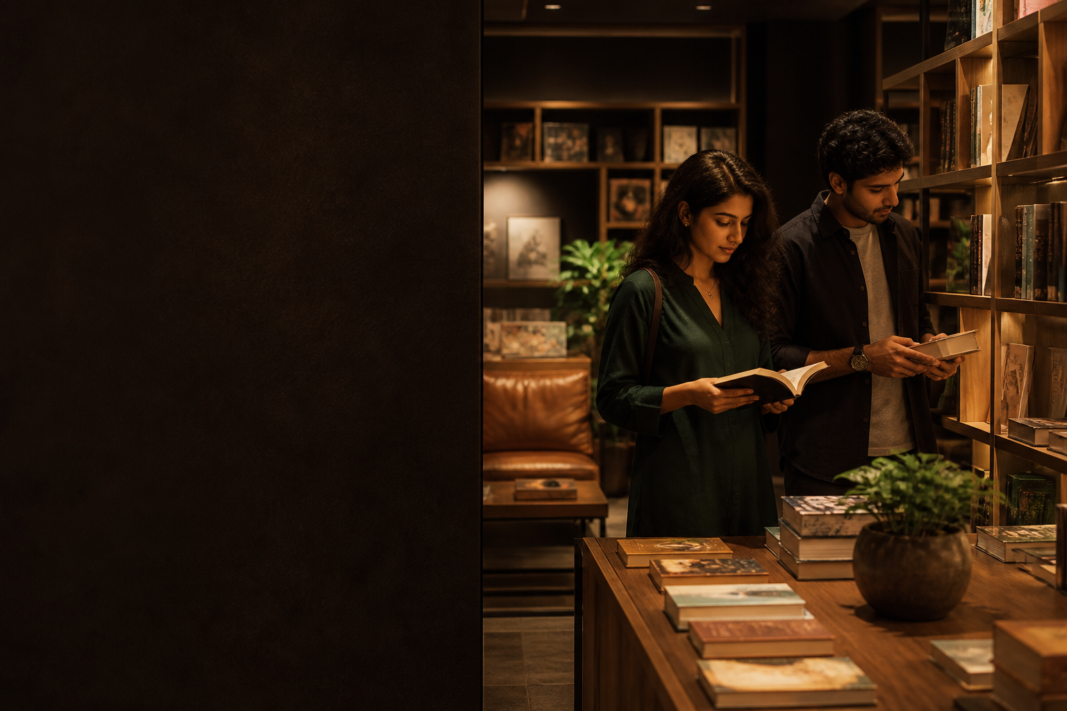 Readers browsing books in a warm independent bookstore
